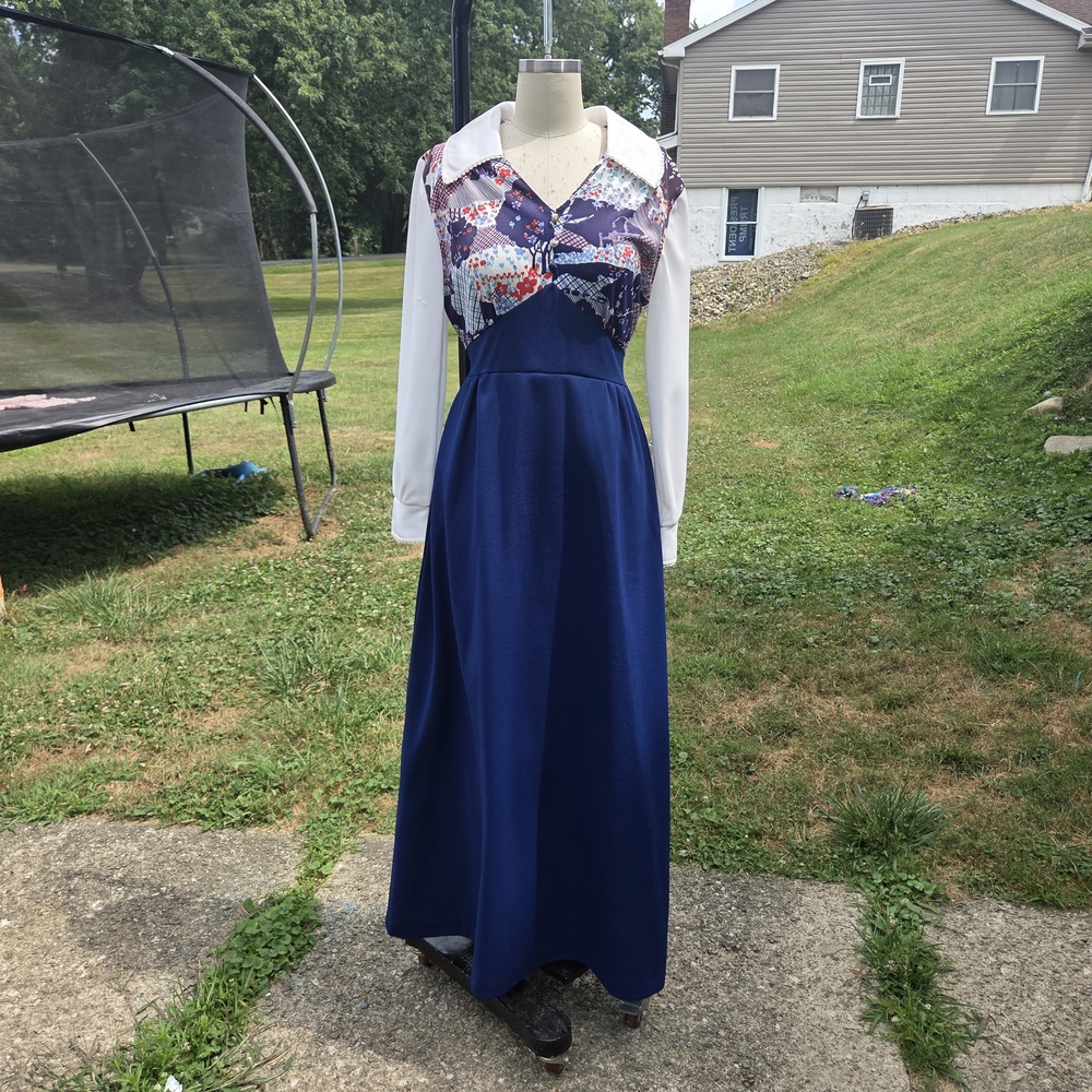 Vintage Patchwork Maxi Dress with White Sleeves